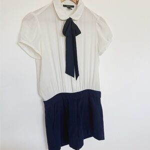 White Blouse with Navy Bow Romper Peter Pan Collar